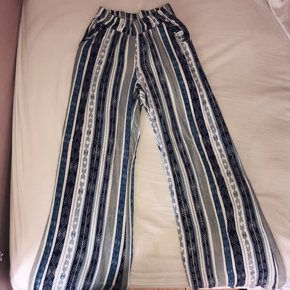 Olivaceous Blue and White Striped Wide Leg Pants
